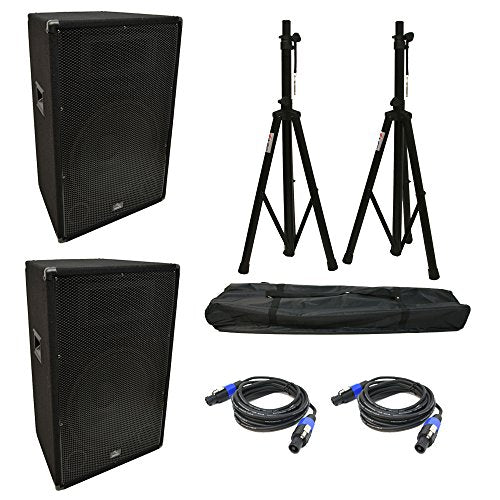Harmony Audio 15" Passive PA Speakers with Stands Pair 900W 2-Way HA-V15P | Includes Speakon cables, rugged cabinets, full live sound package for DJs bands and mobile events, 15 inch size