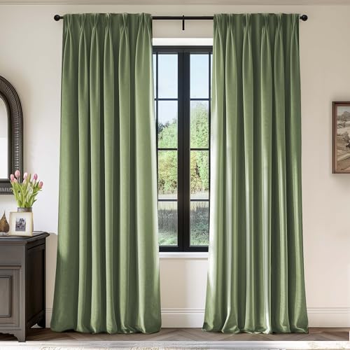 Lazzzy Green Velvet Curtains 96 Inch Length Blackout Pinch Pleated Room Darkening Drapes Luxury Back Tab Thermal Window Treatments for Bedroom Living Room 2 Panels, 52 x 96 Inch, Olive Sage - color: Olive Sage, size: 52"W x 96"L (Pack of 2)