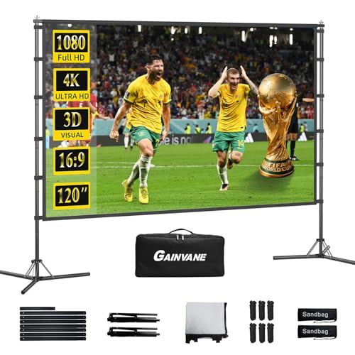 Outdoor Projector Screen Stand, GAINVANE 120 inch Portable Projector Screen Black Backing, Indoor Projection Screen 16:9 4K HD Wrinkle-Free Movie Screen with Storage Bag for Backyard Cinema