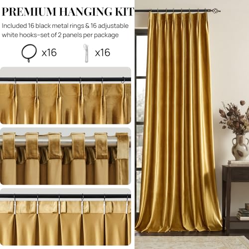 Gold Velvet Pinch Pleated Curtains: 96 Inches Long 2 Panels Set Luxury Living Room Darkening Thermal Insulated Drapes with Hooks- Elegant Soundproof Noise Reducing Back Tab Window Curtain for Bedroom - color: Pinch Pleated | Gold, size: 40"W x 96"L (Pack