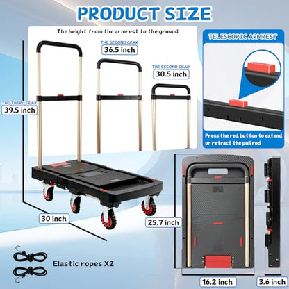Folding Platform Truck, 600lbs Capacity Flatbed Dolly with Expandable Deck | Heavy Duty Collapsible Dolly Cart w/ Brake Wheel, Retractable Handle,Sponge Grip,Portable for Luggage,Camping,Office - style: 6-wheel dolly