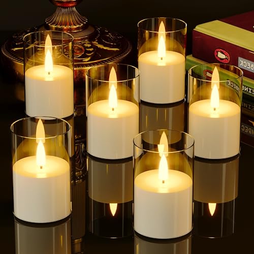 VIODAIM 6Pack Flickering Flameless LED Candles with Timer, Battery Powered - Small Pillar & Votive, Clear (2"X3") | Small Pillar & Votive Candle with Realistic Flickering Warm Glow for Centerpieces, Wedding Tables, Holiday, and Home Decor - color: Clear,