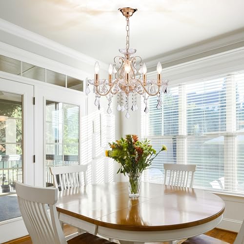 Saint Mossi 5 Light Crystal Chandelier Light Fixture, Modern Gold Crystal Pendant Light, French Gold Raindrop Chandelier for Dining Room, Bedroom,Living Room, H17 x D20 - color: French Gold 5-Light