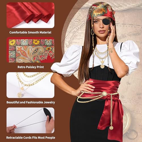 38PCS Pirate Accessories for Women - Captain Costume Set with Telescope, Gold Coins, Jewelry, Sash, Bandana & Eye Patch - Complete Halloween Cosplay Dress Up Kit for Ladies