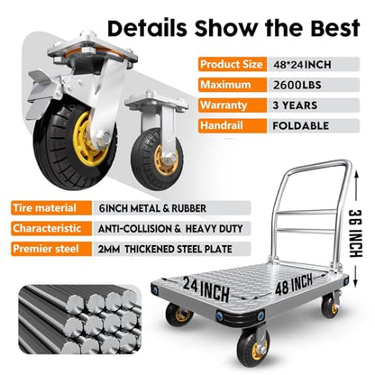 Lomive Heavy Duty Platform Truck Flat Moving Cart Hand Trucks, 2600Lbs Steel Push Cart Dolly, 48 x 24in Large Flatbed with 6'' 360 Degree Swivel Wheels for Easy Storage - size: 48" L X 24" W