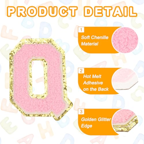 MECCANIXITY Chenille Letter Patches 3.1" Alphabet Q Iron on Embroidered Patch Sew on Letter Stickers Applique for Repairing Clothing Jeans Shoes Hats DIY(Pink, Pack of 6) - style: Letter-Q
