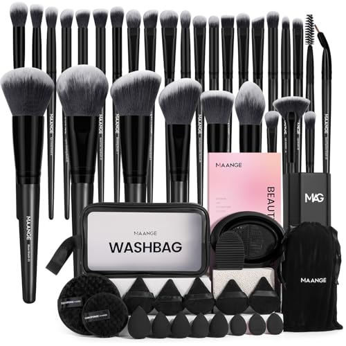 MAANGE Makeup Brush Set 51 PCS Professional Makeup Brushes for Foundation Powder Concealers Eye shadows Blending Blush Travel Make up Brush Kit (Black) - color: Black