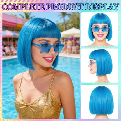 Short Bob Straight Hair Wigs with Bangs, Heat Resistant Fiber Hair, Star-shaped Glasses for Women (Sky Blue) - color: Sky Blue