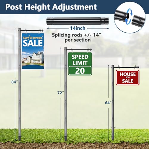Heavy Duty Real Estate Sign Post Holder- 7 FT Adjustable Metal Yard Sign Stand with Adjustable 32" Arm &Spiral Ground Stakes, Rust-Proof Coating, Universal Sign Holder for Traffic, Construction, Events, Weatherproof & Long-Lasting - color: Black