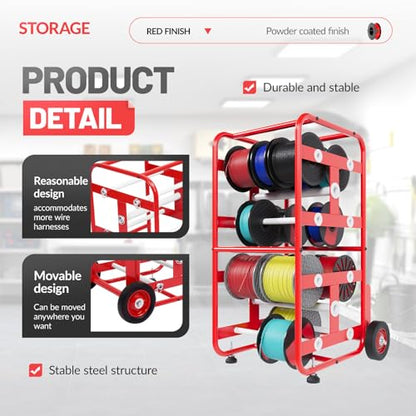 15X17X31" Wire Spool Holder Cart, Portable Wire Rack Dispenser with | Wheel, Display & Storage for Electrical Industrial & Retail Use - 10 Rods Red Powder Coated - color: Red