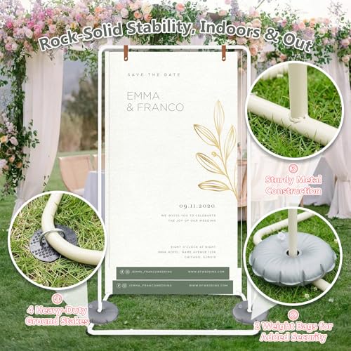 Meiqi Adjustable Wedding Welcome Sign Stand with 4 Leather Hanging Straps, Ground Stakes & Weight Bag - Large Easel for Wedding Signs, Posters, Banners - Perfect for Outdoor Events, Baby Showers (White) - color: White