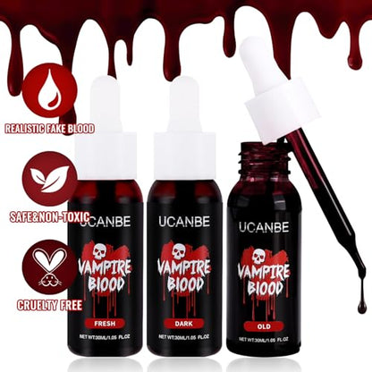 UCANBE 3PCS Halloween Dripping Fake Blood Makeup Kit Realistic Blood Drops Body Paint Washable Fake Blood Set For Zombie Vampire Clown Monster Clothes Costume Cosplay SFX Special Effects Makeup 90ML - color: Set1