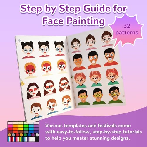 Face Painting Kit for kids, 52 Colors Professional Face Paint Makeup Kit Non-Toxic Water Activated Facepaint Palette, glitter gel, brushes, sponges, stencils for party Halloween School Event Festivals
