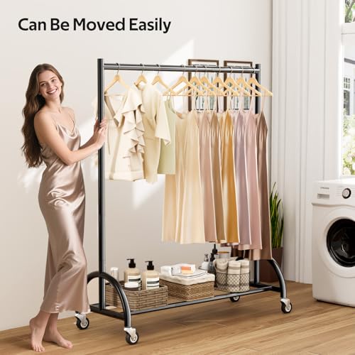 MISSLO Heavy Duty Clothing Rack with Wheels Rolling Clothes Racks for Hanging Clothes, Coats, Garment, Dress, Black - color: Black, size: 43"W x 14.8"D x 66"H (Large)