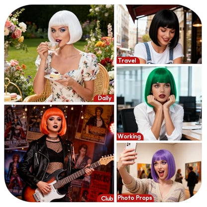 2 Pack Red Bob Wig with Bangs Heart Sunglasses for Women, Neon Bobs Funny Party Wigs Synthetic Hair for Adults Halloween Cosplay Costume Clubs Celebration Christmas Bachelorette Party - color: Red