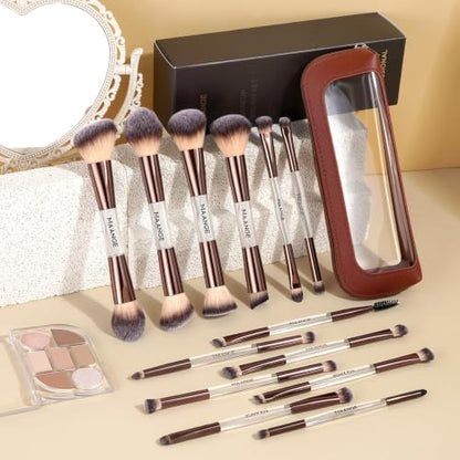 MAANGE 13 Pcs Foundation Makeup Brush Set With Bag, Make up Brushes, Double-End Multi Functional Makeup Brushes, Professional Face Brush Set Tools For Liquid Powder Concealer Cream Blush (White) - color: White