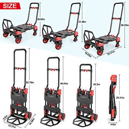 Folding Hand Truck Dolly, 330lb Convertible 4 to 2 Wheel Moving Cart, Red | Dolly Cart with Retractable, Aluminum Alloy & Cast Iron Build, Nylon Wheels,Compact Fold,for Moving,Office,Delivery,Outdoor - size: 330LB