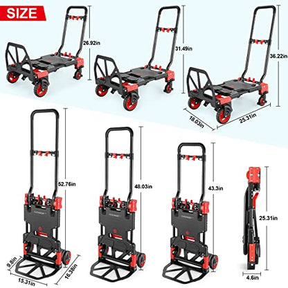 Folding Hand Truck Dolly, 330lb Convertible 4 to 2 Wheel Moving Cart, Red | Dolly Cart with Retractable, Aluminum Alloy & Cast Iron Build, Nylon Wheels,Compact Fold,for Moving,Office,Delivery,Outdoor - size: 330LB