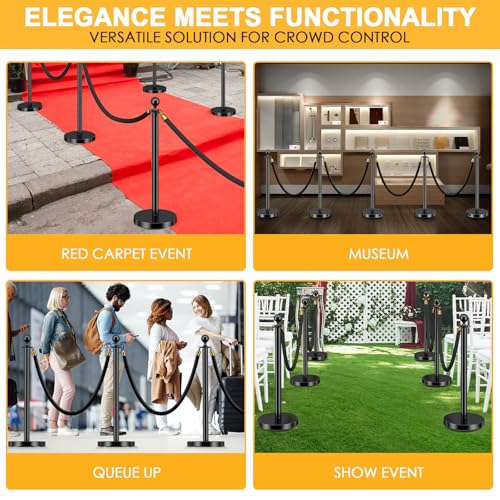 LOVMOR 6PCS Stanchion Post, Crowd Control Barriers, 5 ft Black Velvet Rope Red Carpet Ropes and Poles, Stainless Steel Gold Stanchions Used for Theaters, Parties, Wedding, Exhibition - color: Black-6pack