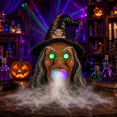 Wicked Witch Head Halloween Statue with Mist Maker, Add Water Smoking Prop with LED Green Eyes, Hand-Painted Faux Marble Resin Spooky Entryway Centerpiece - color: Witch Fog Light Decor
