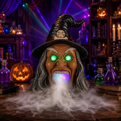 Wicked Witch Head Halloween Statue with Mist Maker, Add Water Smoking Prop with LED Green Eyes, Hand-Painted Faux Marble Resin Spooky Entryway Centerpiece - color: Witch Fog Light Decor