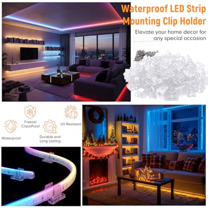 Mifoci 150 Pack LED Light Clips with Screws Waterproof LED Strip Mounting Bracket Clear PC Mounting Clips for Strip Lights, Indoor Outdoor Lighting Accessories for Under Cabinet Wall Installation