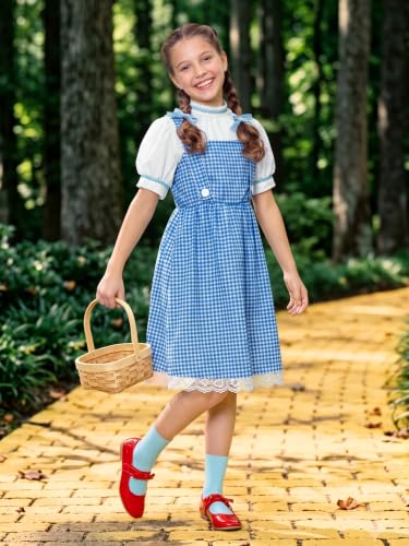 Girls Halloween Blue Gingham Costume | Multi-Piece Set, Book Character Style, Adjustable Front Straps, Puff-Sleeve Dress - color: White & Blue (4 Pcs), size: 6 Years