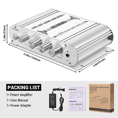 Facmogu ST-838 2.1CH Audio Power Amplifier, RMS 20Wx2+40W Class D Stereo Digital Audio Amp with Subwoofer Output, 80W Mini Subwoofer Amplifier Audio Stereo Bass Amp with DC12V Power Adapter - Silver - color: ST-838 Silver (20Wx2 + Passive Subwoofer)