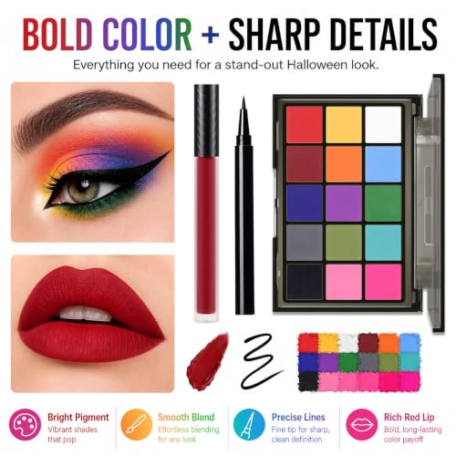 UCANBE Colorful Halloween Makeup Kit – Clown Vampire Witch Zombie Makeup Set for SFX Costume Cosplay with Eyeshadow Palette, White Foundation, Red Lipstick, Black Eyeliner, Setting Powder & Sponges - color: Halloween Makeup Kit