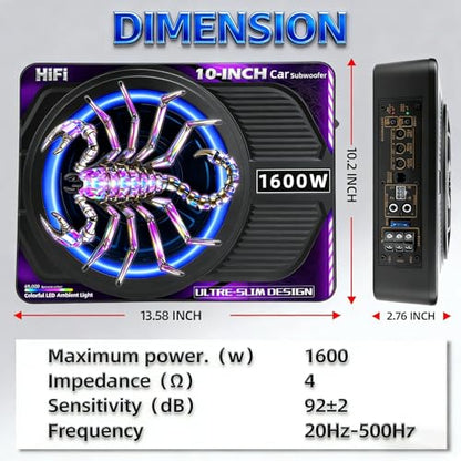 2026 Upgraded 1600W 10" Slim Under Seat Subwoofers with Amp & LED Ambient Lights for Truck/Car - Deep Bass, Individual Controls (LPF/Gain/Bass Boost), High Output Distortion-Free Audio - color: Purple