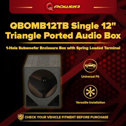QPower Single Triangle Car Audio Ported Subwoofer Box, Fits Most 12-Inch Subwoofers - Deep Bass MDF Enclosure with Bed Liner Finish, Tuned to 54 Hertz, 2.2 Cu Ft Air Space | Sub Box, 3/4" MDF, Spring Loaded Terminals, 2.2 Cu.Ft. Air Space, 35 Hz Tuning, C
