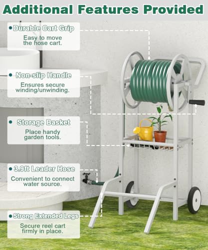 Hose Reel Cart with 2 Wheels, Garden Water Hose Holder Heavy Duty Powder Coated Steel Outdoor Winder Storage Holds 125 ft 5/8" Hoses with Basket and 3.9ft Leader Hose for Backyard, White - color: White