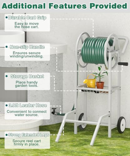 Hose Reel Cart with 2 Wheels, Garden Water Hose Holder Heavy Duty Powder Coated Steel Outdoor Winder Storage Holds 125 ft 5/8" Hoses with Basket and 3.9ft Leader Hose for Backyard, White - color: White