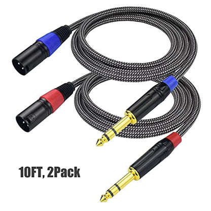 Balanced 1/4" TRS to XLR Male Patch Cable, 10Feet Quarter Inch 6.35mm to 3pin XLR Male Microphone Cable, Heavy Duty Nylon Braided, Gold Plated Plug, for Mixer, Speaker, Studio Monitor -2Pack - size: 10Feet, 2Pack