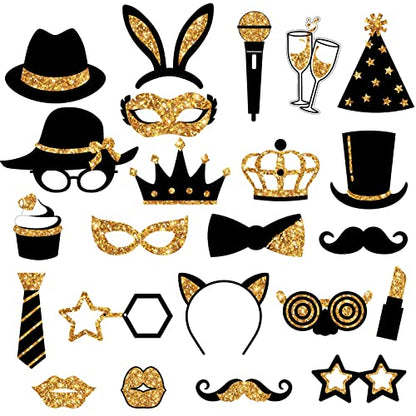 Zonon 24 Pcs Photo Booth Props Set Black Gold Birthday,Golden | Props on Sticks for Wedding, Reunion, Prom, Includes Mustache, Hats, Glasses, Ties, Lips, Crowns, Fun Party Accessories - color: Golden