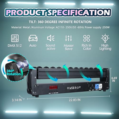 360° Moving Head DJ Lights 250W Beam Curtain & Strobe Stage Lights Bar 12x10W RGBW 4in1 DMX512/Sound/RDM Professional DJ Stage Props for Party Live Show Wedding - 1 Pcs