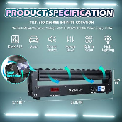 360° Moving Head DJ Lights 250W Beam Curtain & Strobe Stage Lights Bar 12x10W RGBW 4in1 DMX512/Sound/RDM Professional DJ Stage Props for Party Live Show Wedding - 1 Pcs