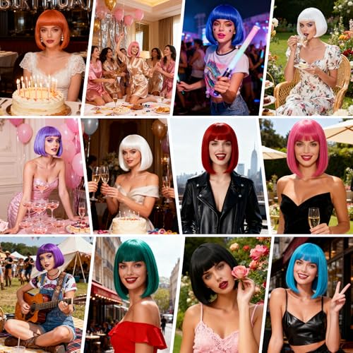 2 Pack Purple Bob Wig with Bangs Heart Sunglasses for Women, Neon Bobs Funny Party Wigs Synthetic for Adults Birthday Valentine's Day Bachelorette Mardi Gras Party Christmas Halloween Costume - color: Purple