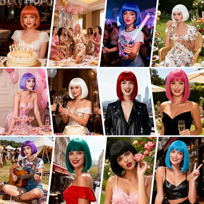 2 Pack Purple Bob Wig with Bangs Heart Sunglasses for Women, Neon Bobs Funny Party Wigs Synthetic for Adults Birthday Valentine's Day Bachelorette Mardi Gras Party Christmas Halloween Costume - color: Purple