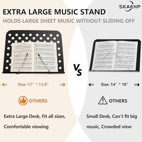Sheet Music Stand, Metal Portable Music Stand | XL Sheet Music Folder 17" x 14", Carrying Bag, Phone Holder, Light and Clip