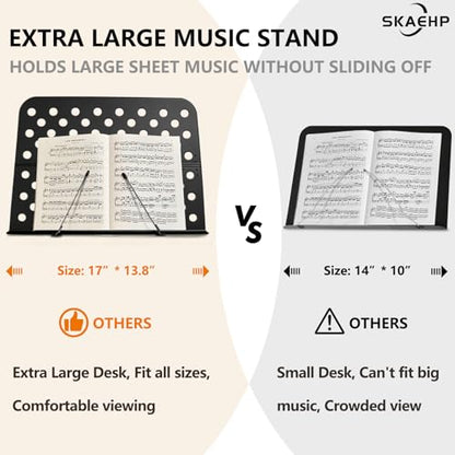 Sheet Music Stand, Metal Portable Music Stand | XL Sheet Music Folder 17" x 14", Carrying Bag, Phone Holder, Light and Clip