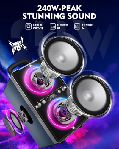YIER Bluetooth Speaker, 240W Peak Loud Party Speaker with Big Bass, 20H Playtime, TWS, BT5.3, Large Portable Wireless Boom Box with LED Light for Outdoor Backyard Beach Home (Leather Blue) - color: Leather Blue