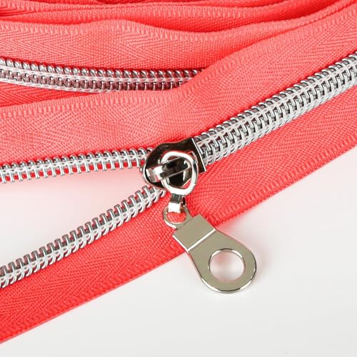 The Yards Pink Nylon Coil Zipper with Silver Teeth - 10 Yards Bulk Replacement Sewing Zipper with 10PCS Sliders for DIY Craft Bags - color: Silver-Pink