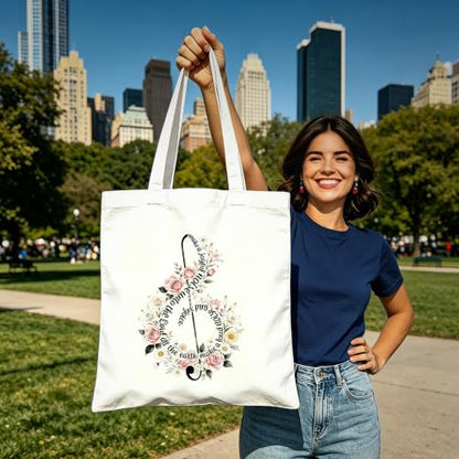 Aesthetic Music Floral Tote Bag for Women, Reusable Canvas Bag with Musical & Botanical Design, Daily Use Gift - color: White-music-016