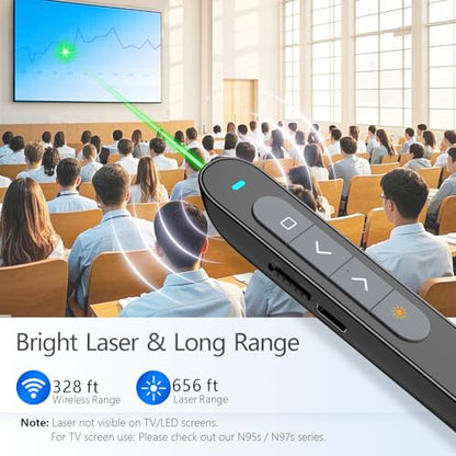 Norwii N76 Bluetooth Presentation Clicker for PowerPoint Presentations | Green laser pointer, USB-C Rechargeable slide clicker, Presentation Remote with Customizable Button and portable pen clip - color: Green - Rechg. - USB-A&BLE