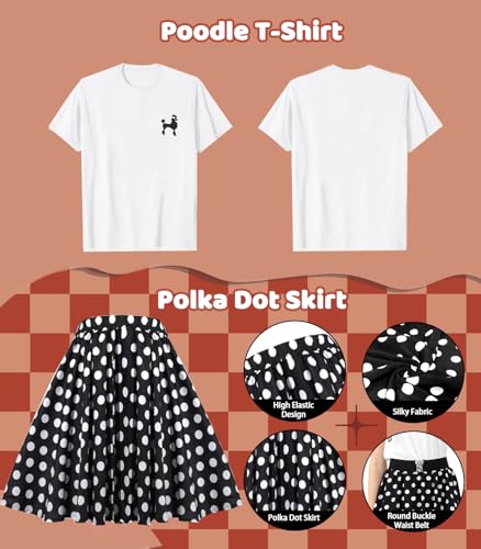 1950s Poodle Skirt Outfit Women 50s Sock Hop Costume T Shirt Accessories - color: Black-white-dot, size: X-Large