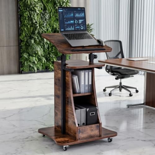 POWERSTONE 2PCS Sit to Stand Mobile Lectern Podium Stand Rustic Brown - color: Rustic Brown, size: 2 pack