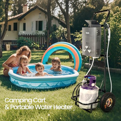 Ranein Dolly Cart for Portable Tankless Water Heater | Water heater dolly cart, steel frame, 10-inch wheels, foldable, holds 20lb propane tank, portable, for RO4K RO5K RO8K RO11K