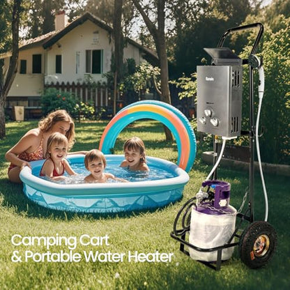 Ranein Dolly Cart for Portable Tankless Water Heater | Water heater dolly cart, steel frame, 10-inch wheels, foldable, holds 20lb propane tank, portable, for RO4K RO5K RO8K RO11K
