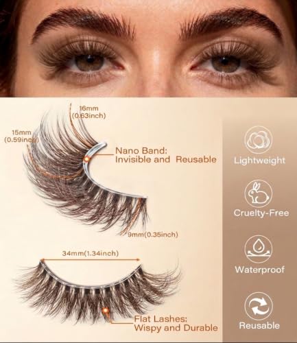 DYSILK Brown Fluffy Eyelashes, 9-16mm 3D Densely Volume Lashes Brown-01 | 5 Pairs Sun-Kissed Cat Eye Lashes, Soft Glam Faux Mink Lashes, Trimmable, Ultra-Fine Clear Band, for Blondes & Light Hair - color: Brown-01